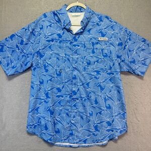 Columbia PFG Fishing Shirt Men's M/M Blue Sailfish Wave Short‎ Sleeve Omni Shade